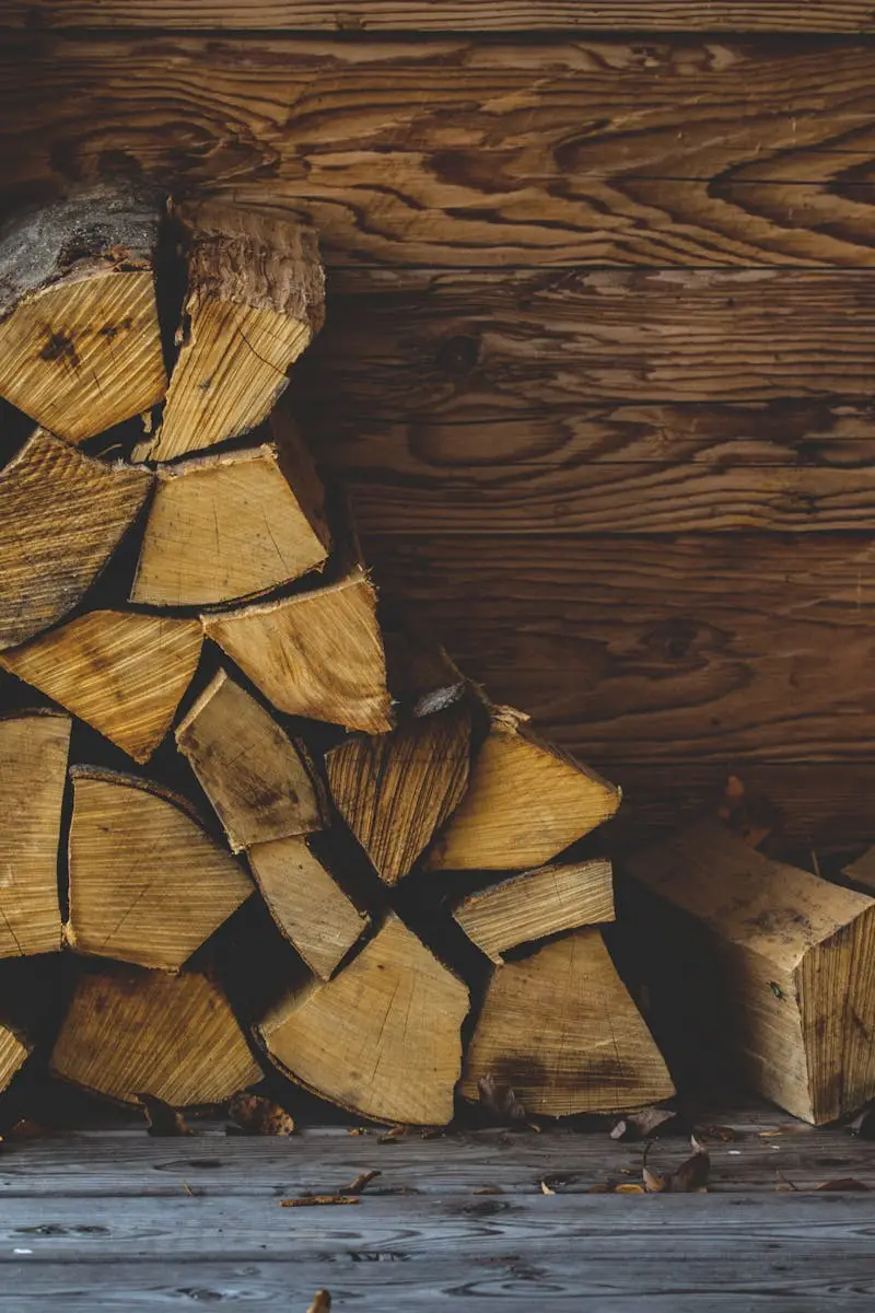 Stacked firewood against a rustic wooden cabin wall, showcasing natural textures.