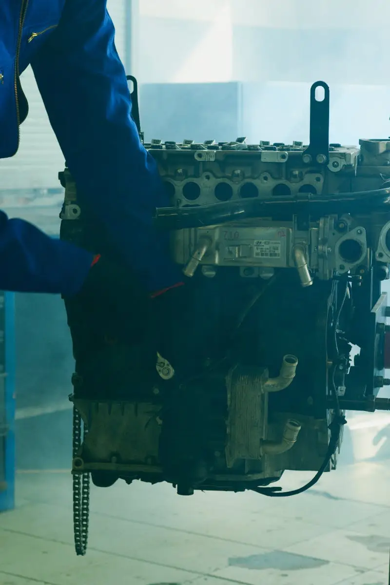 Mechanic in blue overalls inspecting an engine in an indoor garage.